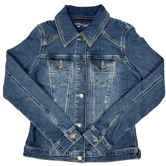 Riders by Lee Trucker Jean Jacket Womens Small Faded Stretch Denim Grunge School - Picture 1 of 11
